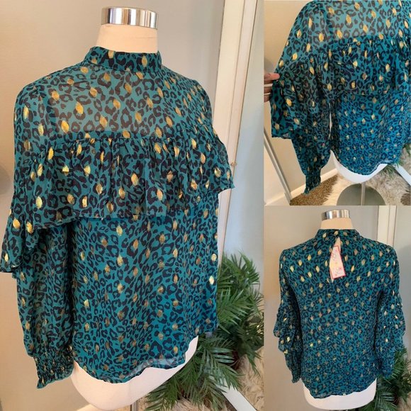 Cheetah Blouse Ruffle High Neck Turquoise Gold S NWT long sleeve animal Print - Picture 11 of 11